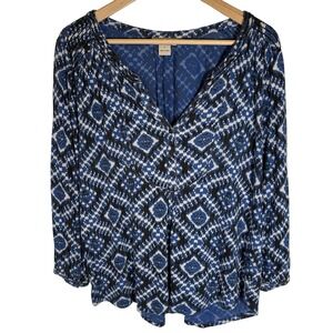 Lucky Brand Women's‎ Long-Sleeve Boho V-Neck Tee Size Large Blue Black White